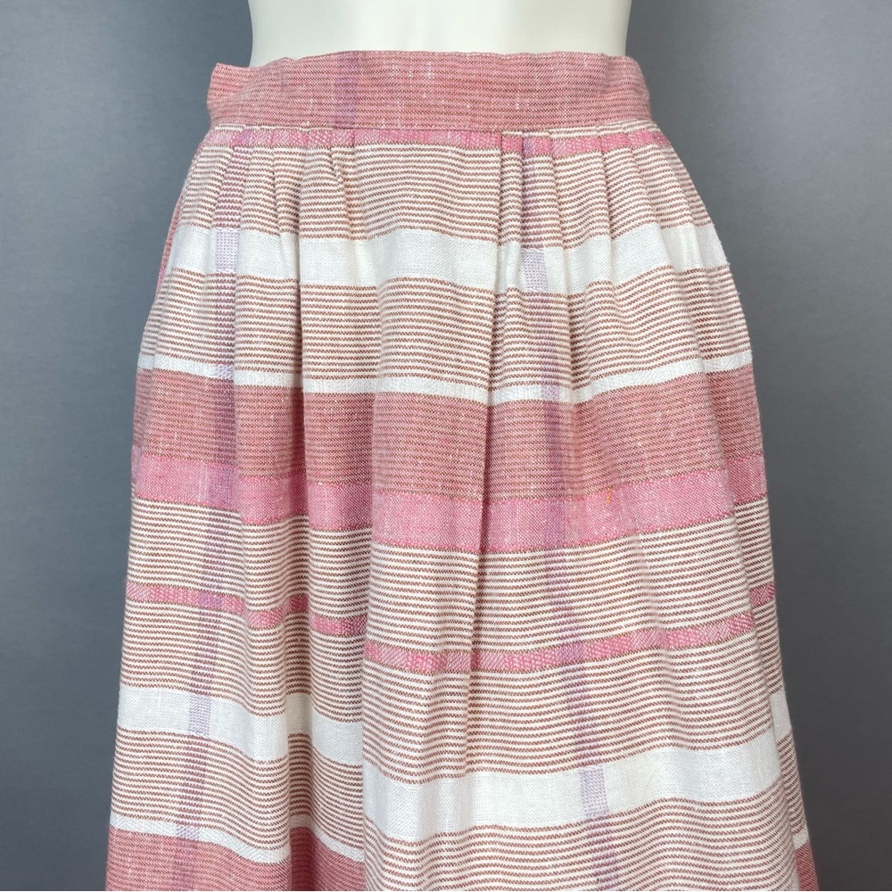 Vintage 80s Skirt Midi Stripes Pockets A-Line Pink White Retro Darts Gathered - Picture 5 of 16
